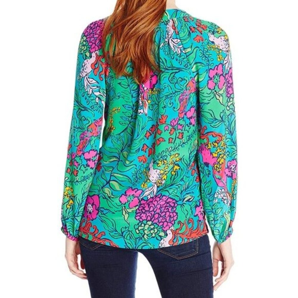 Lilly Pulitzer Elsa Silk Top Shake Your Tailfeather Pink Green Gold Size Small S - Picture 3 of 8